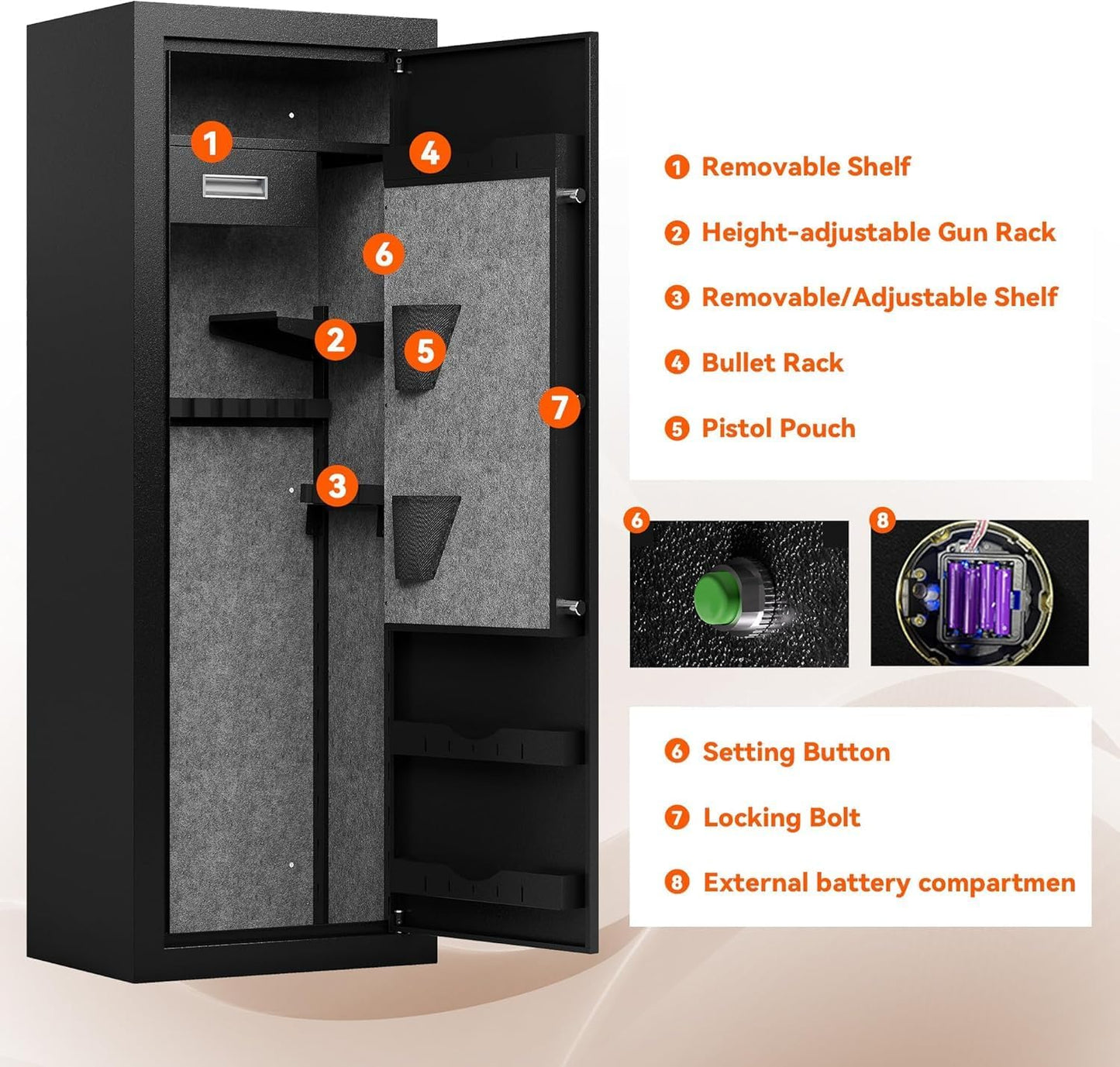 KAER 15 Biometric Gun Safe for Rifles and Pistols,Gun Cabinet with Fingerprint/Keypad/Key Access,Rifle Safe with Removable Shelf and Pistol Pocket.[No Assembly Required]