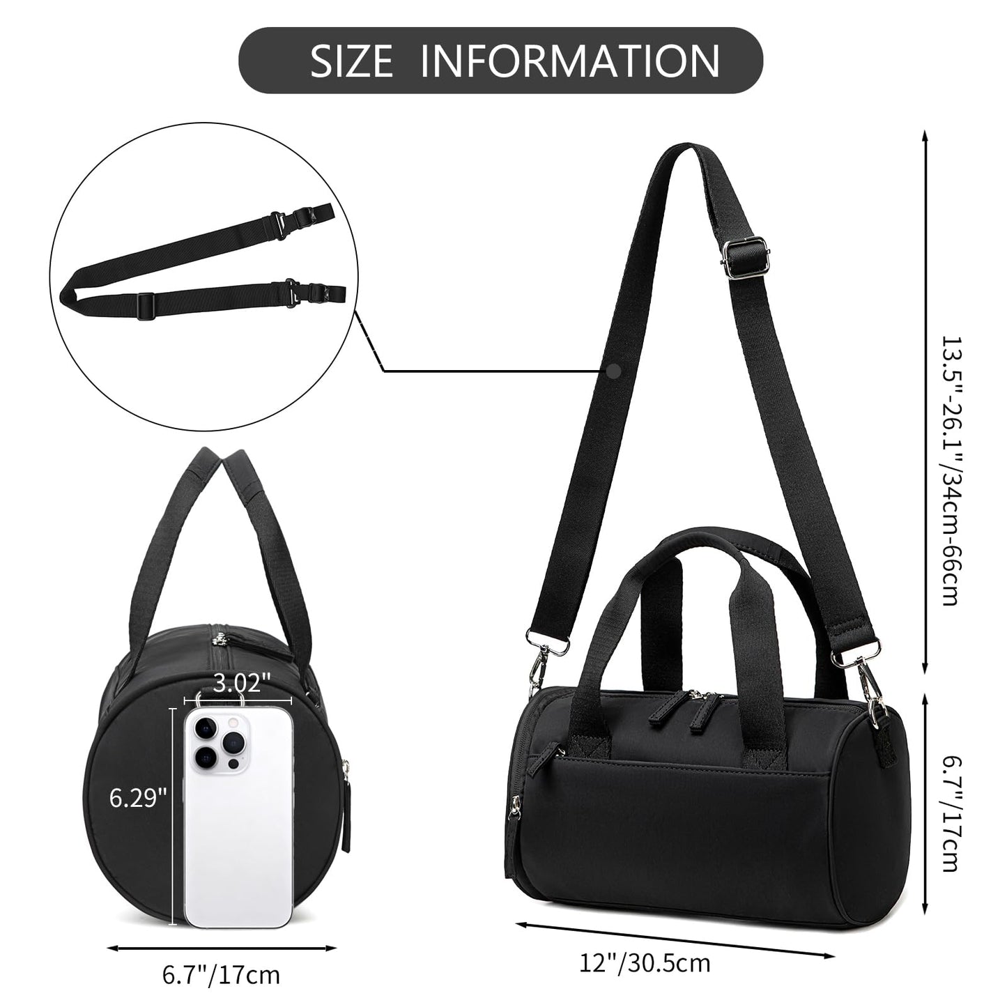 Mini Gym Bag for Women Girls Cute Small Duffle Bag 12'' with Multifunctional Pockets Workout Sport Bags Dance,Fitness,Yoga (Black)