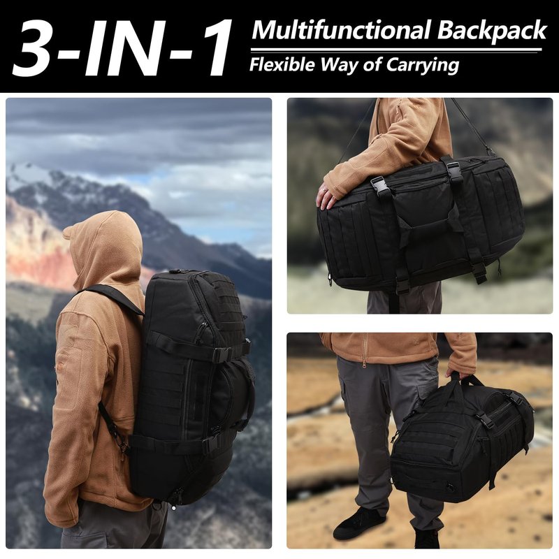 Hannibal Tactical 55L Large Duffle Bag, 3-in-1 Tactical Backpack MOLLE Pack for Sports, Gym, Outdoor, Black