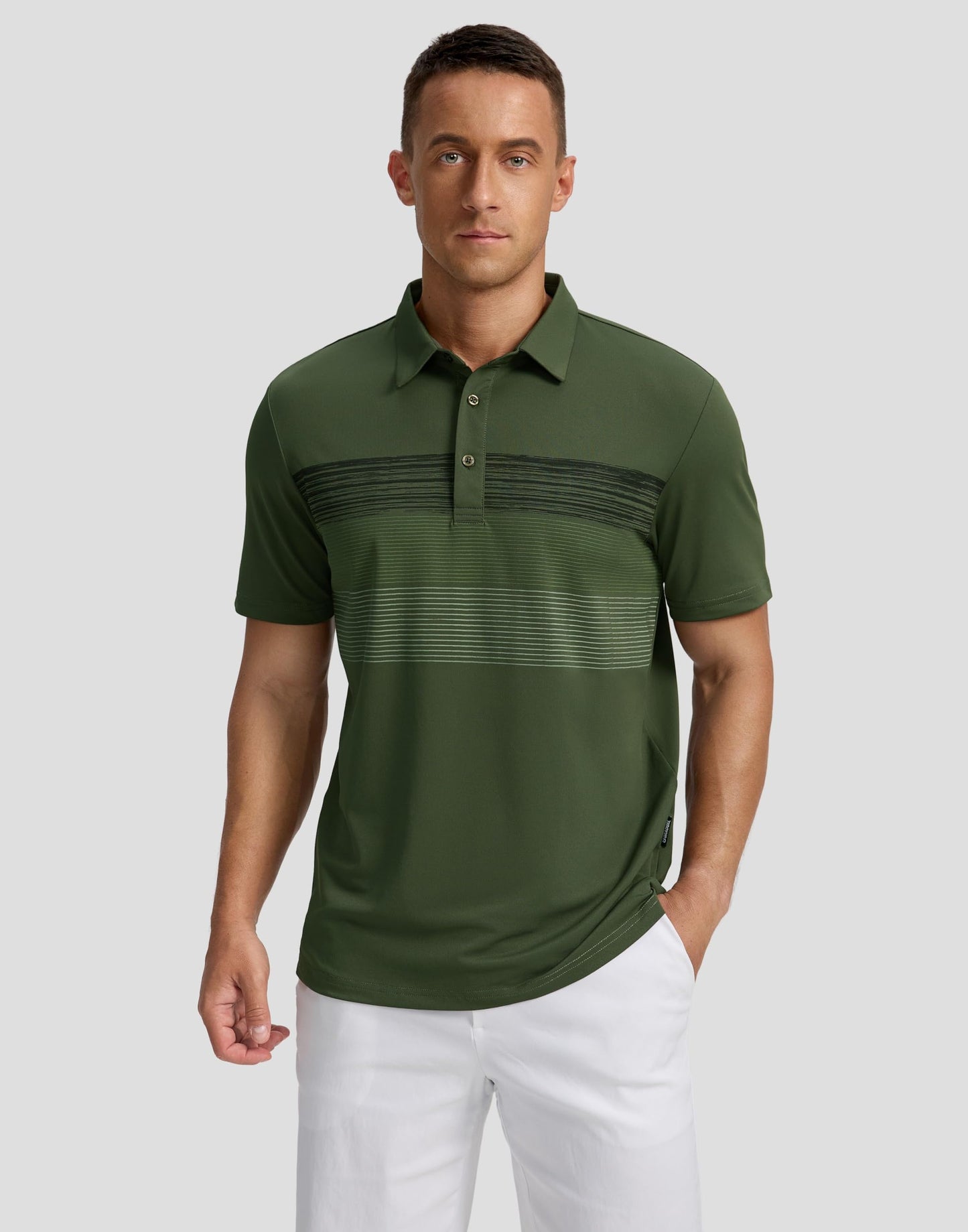 Men's Golf Shirts Dry Fit Moisture Wicking Performance Short Sleeve Collared Polo Shirts for Casual Tennis Bussiness (Dark Green Stripe, M)