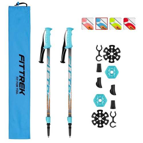 FitTrek Hiking Poles for Kids - Ultralight Nordic Walking Sticks - Telescopic Child Trekking Poles Collapsible 2 Pack Blue