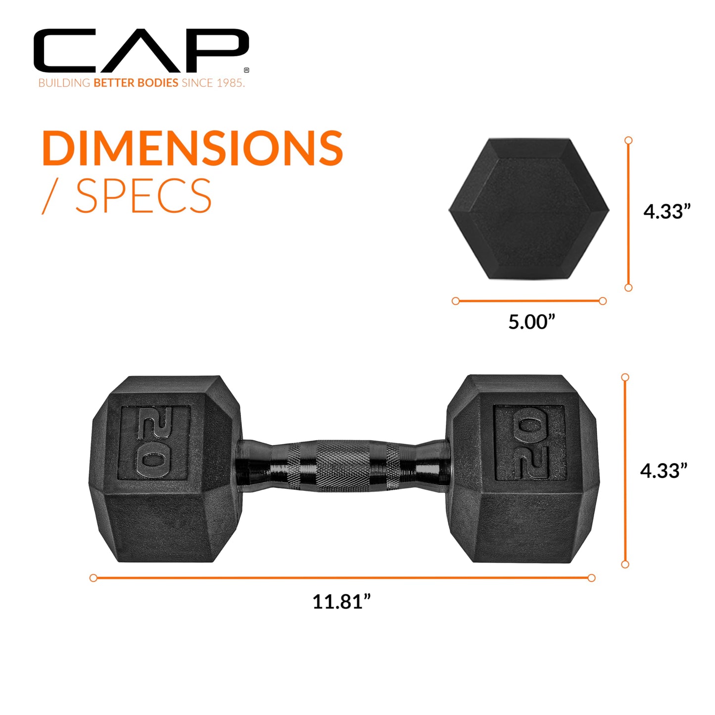 CAP 20 LB Rubber Coated Hex Dumbbell Weight, Rubber Free Weights for Home Gym Strength Training, Black Oxide Handle, Single