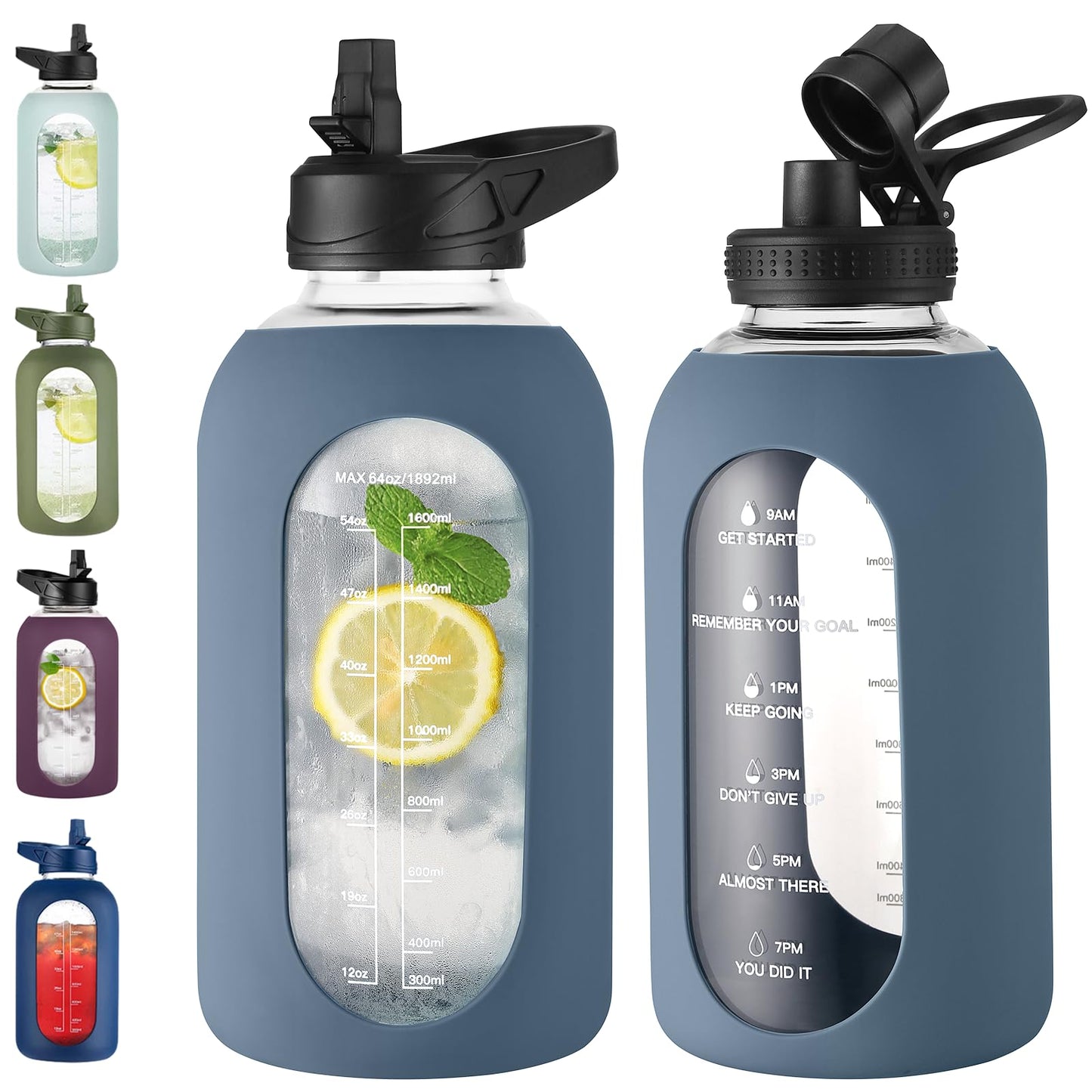 EALGRO 64 oz Glass Water Bottle With Straw and Handle, Half Gallon Sports Motivational Water Jug Flask with Silicone Sleeve, Large Water Cup with Time Marker for Travel, Gym, Dark Blue