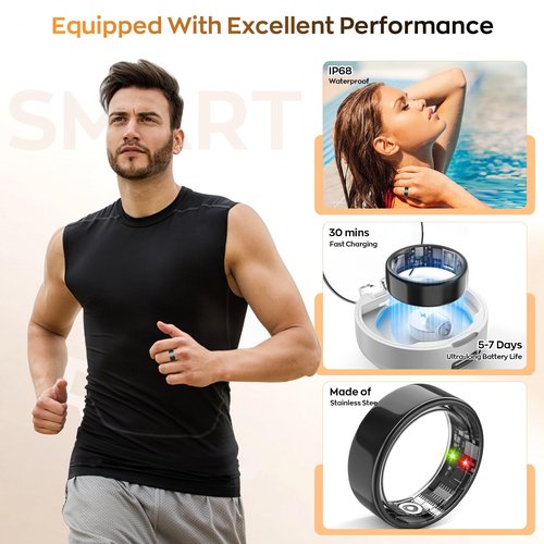 Free Shark Smart Ring with Sleep Monitoring, Step Counting, Heart Rate, Blood Oxygen for iPhone and Android, No Subscription Fee, IP68 Waterproof Health Tracker (Gold, 9)