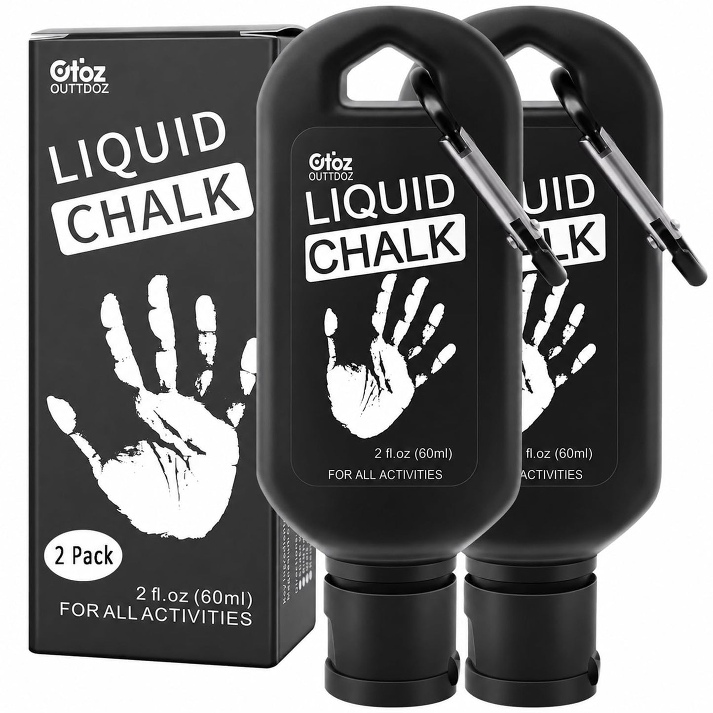 OUTTDOZ Liquid Chalk 2 Pack, 2 oz Gym Chalk with Carabiner Bottles & Retail Box, Mess-Free Sweat-Resistant Grip for Weightlifting, Gymnastics, Rock Climbing (2 Pack, 2 oz)