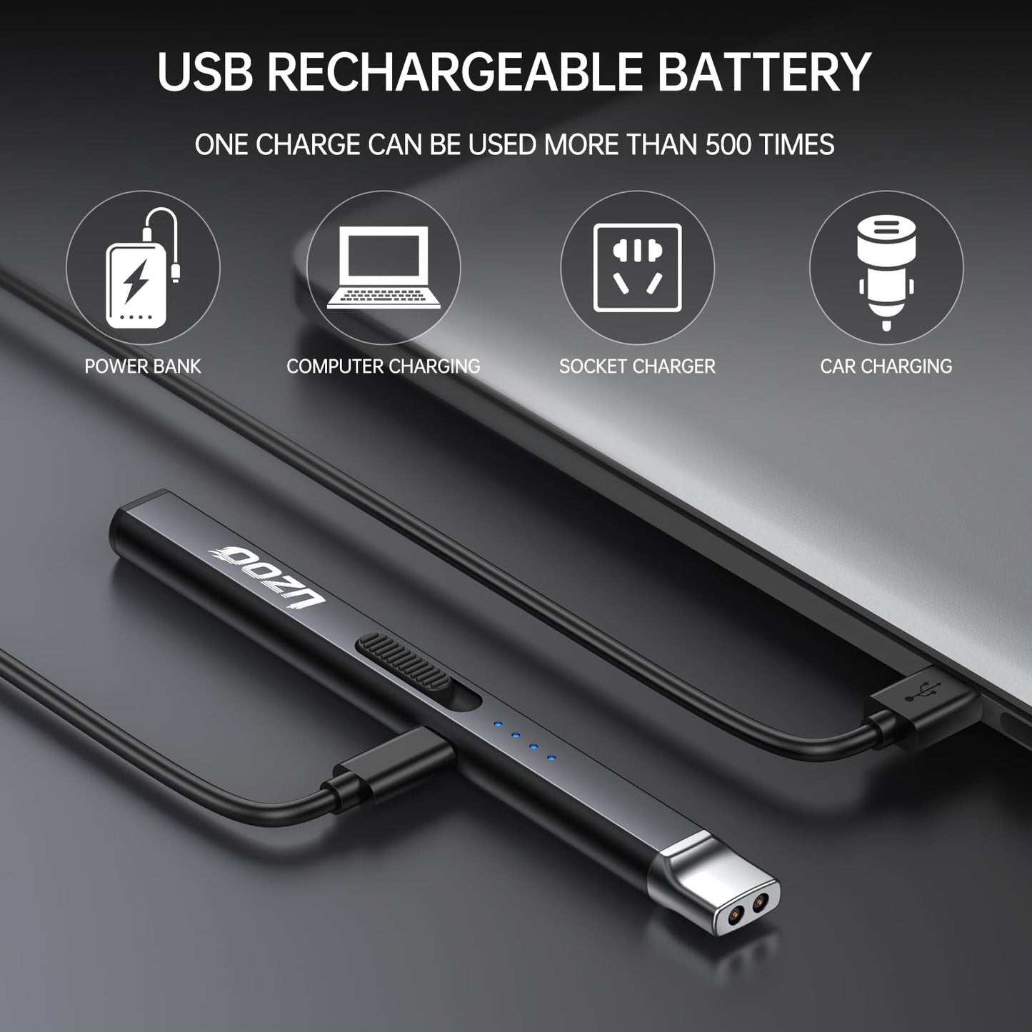 2 PCS Long Lighter, Candle Lighters Electric Lighter, Rechargeable Arc with LED Display, Lighters for Candle Aromatherapy Camping BBQ Gas Stoves-Deep Black