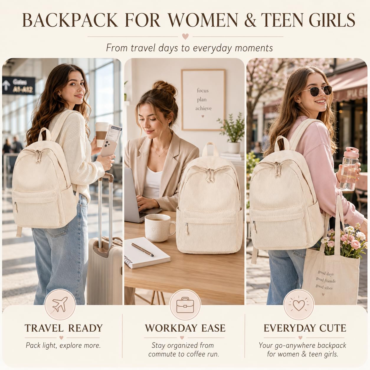 BTOOP School Backpack for Teens Large Corduroy Bookbag Lightweight 15.6 inch Laptop Bag for Girls Women Casual High School College