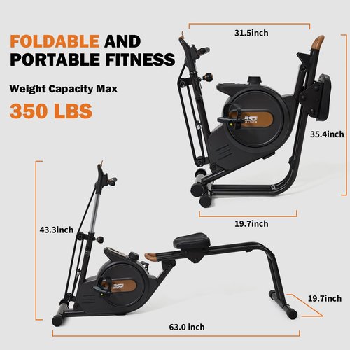 BSJ BESTGYM 3 in 1 Rowing Machine, Dual Slide Rail 6-Level Adjustable Height with Max 350lb Weight Capacity, Home Fitness Rower for Full Body Workout, App Compatible