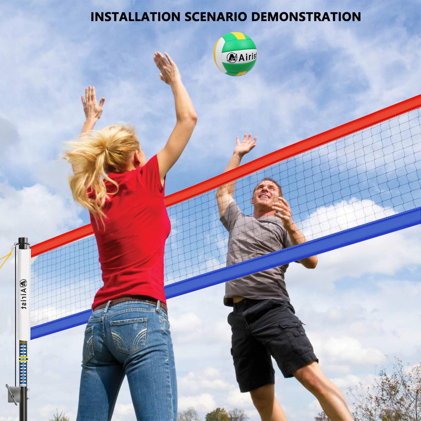 Airist Heavy Duty Volleyball Net Outdoor with Steel Anti-Sag System, Adjustable Aluminum Poles, Professional Volleyball Nets Set for Backyard and Beach, Ball and Carrying Bag (Blue and Red)