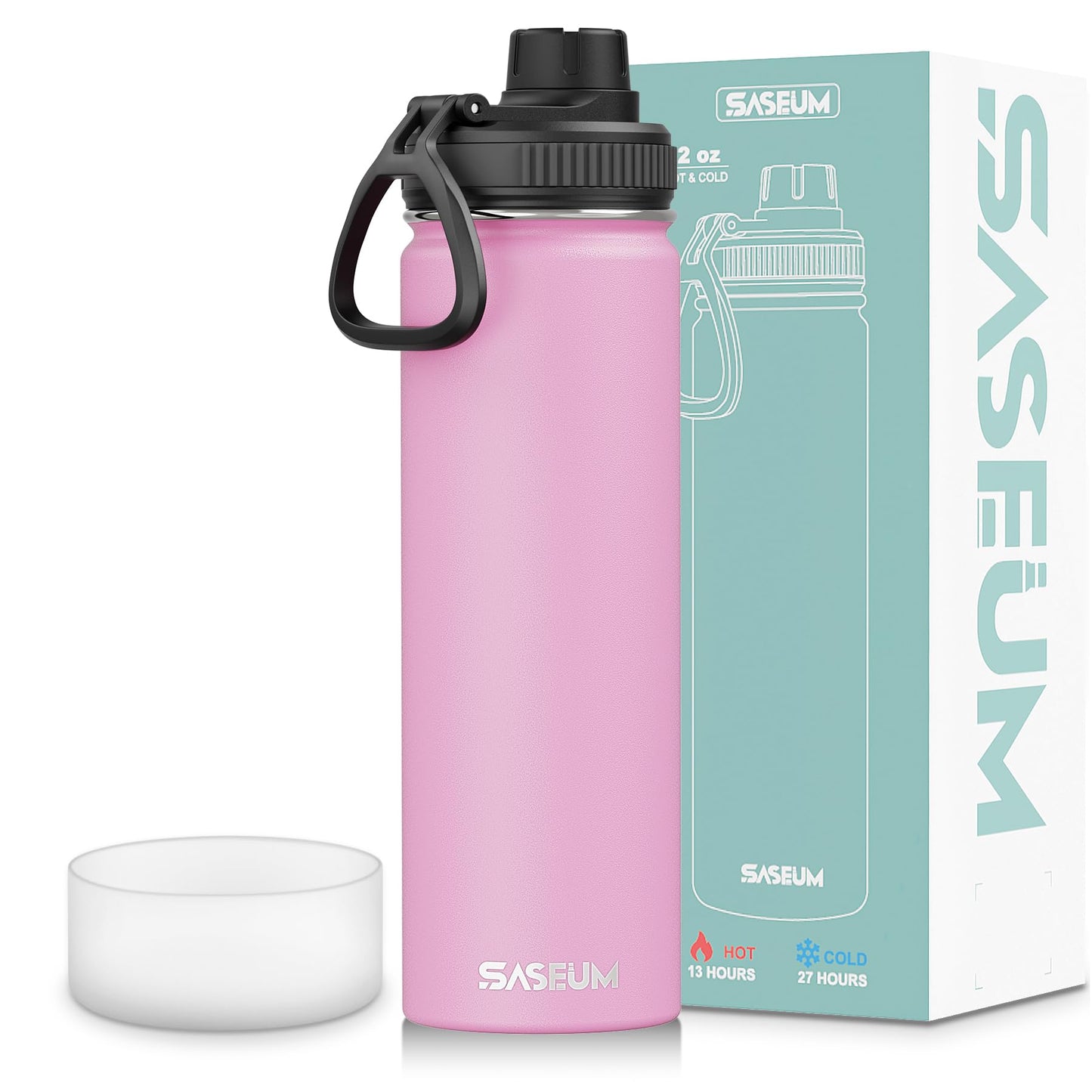 SASEUM Sport Water Bottle 22oz Stainless Steel Double Wall Vacuum Thermal Mug with Leak Proof Spout Lids, Wide Mouth Metal Insulated Water Jug for Gym and Travel（Pink）