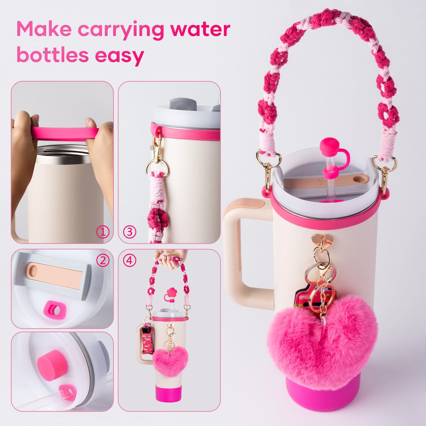 Bufilea Stanley Cup AccessoriesI Bottle Handle Carrier Strap,Silicone Cup Boot, Lipstick Holder, Straw Topper & Spill Stopper Cute Decorative Charms, Accessories for Stanley Cup 40oz/30oz Decor