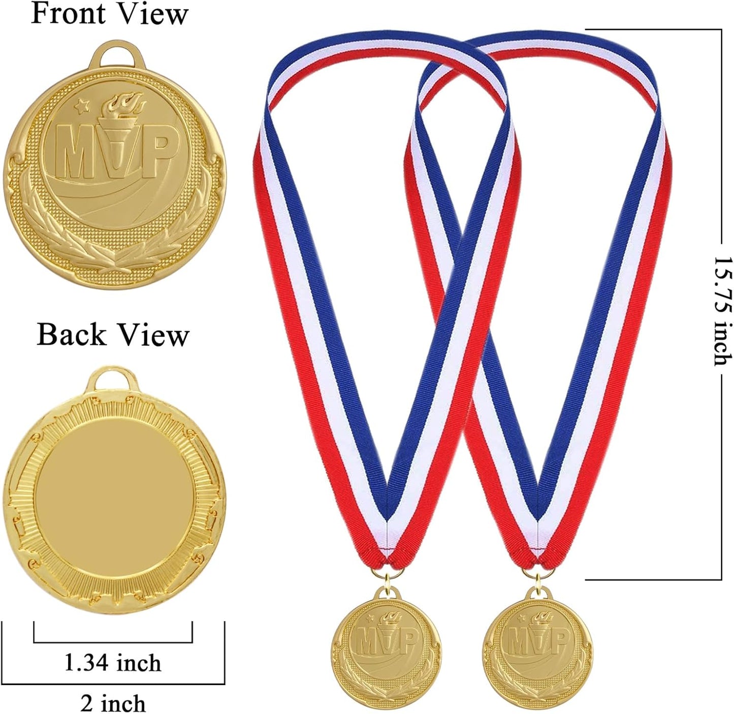 12 Pieces Gold Medals for Awards - Winner Medal Metal with Neck Ribbon Prizes for Kids, Adults, Sports Day, Spelling Bees, Competitions, Party, 2 Inches