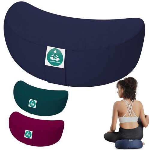 Present Mind (Height 6”) Half Moon Zafu Yoga Bolster for Gymnastics & Meditation Made in the EU – Dark Blue 100% Natural Cotton Crescent Yoga Meditation Buckwheat Cushion with Washable Covers