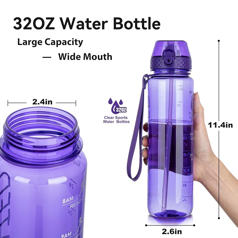 GOPPUS 32oz Clear Water Bottle with Straw & Time Marker - Deep Purple 32 Ounce