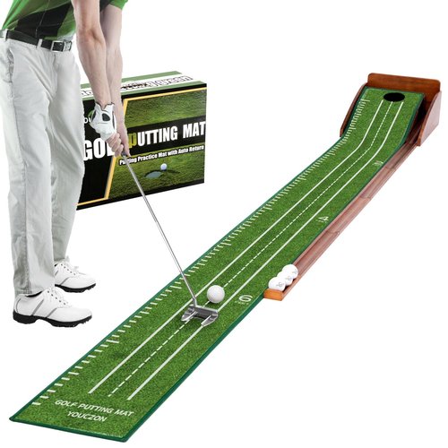 YOUCZON Putting Green Indoor, No Hump Golf Mat with Auto Ball Return - Easy to Fold Solid Wood Base, Luxurious Velvet Surface - Ideal for Home or Office and Golfers (Light Green 1 Hole)