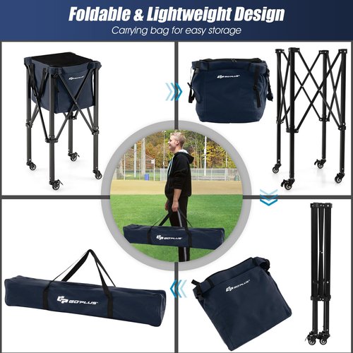 Goplus Foldable Tennis Ball Hoppers, Lightweight Aluminum Tennis Ball Basket with Wheels, Removable Bag, Side Pockets, Carry Bag, Portable Sports Teaching Cart Holds 150 Tennis Balls (Blue) …