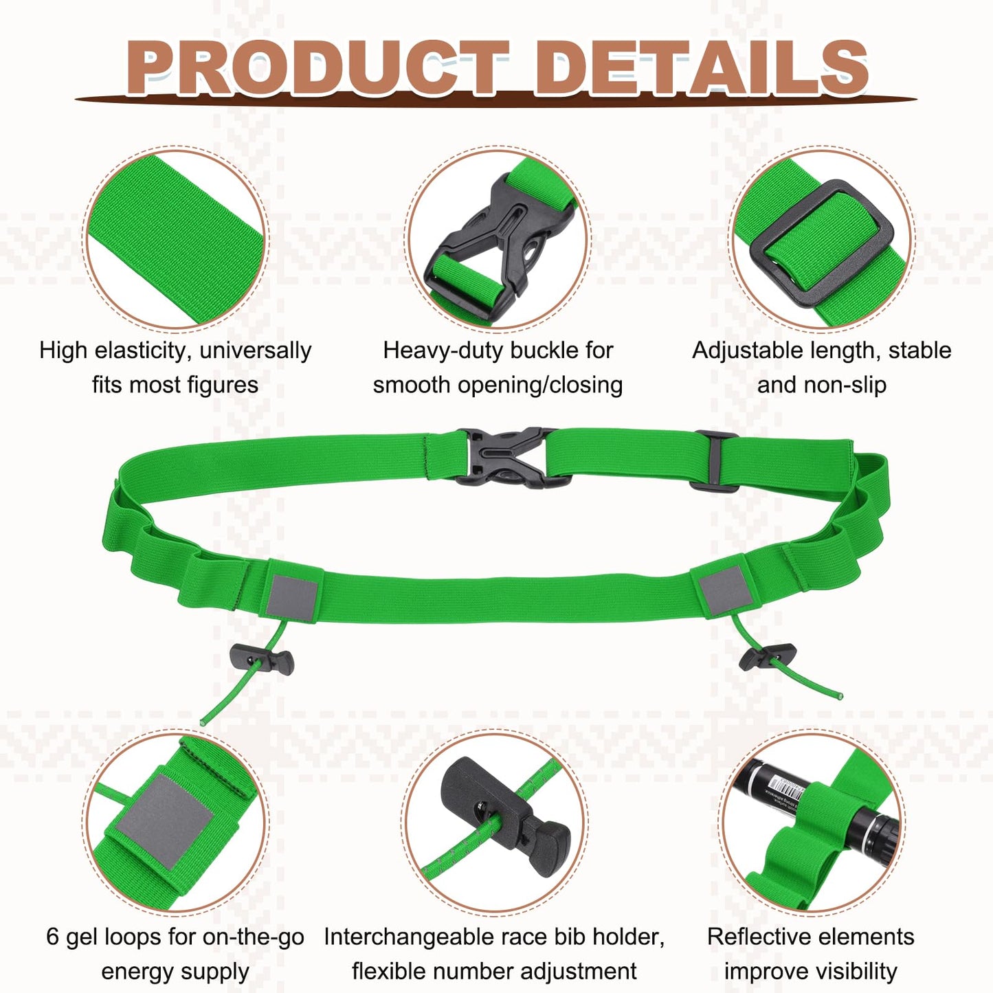 YELARXI Bib Belt, Race Belt Triathlon Running Number Holder Elastic Comfortable with 6 Gel Loops, Sport Race Bib Holder 2Pcs, Green for Runners/Marathon/Cycling