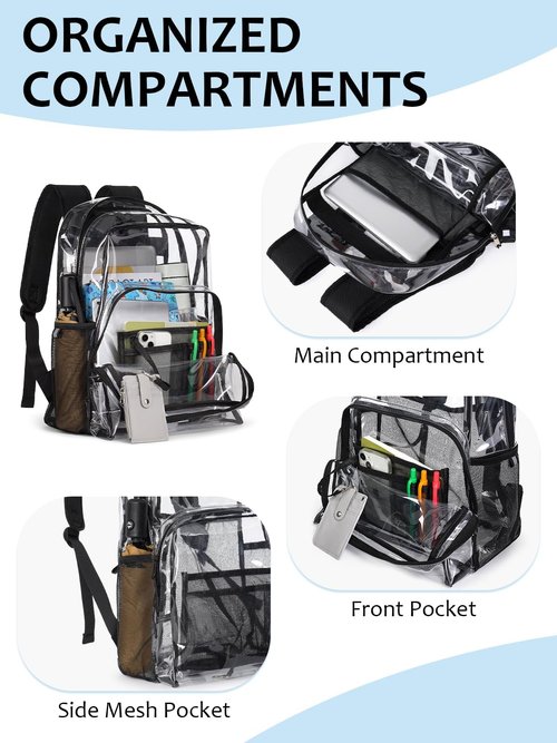 Flowston Clear Backpack Heavy Duty, 17 Inch Large TPU Clear Bookbag for Boys Girls Adult, See Through Book Bag Transparent Backpacks with Multiple Pockets for School College Work Casual Sport, Black