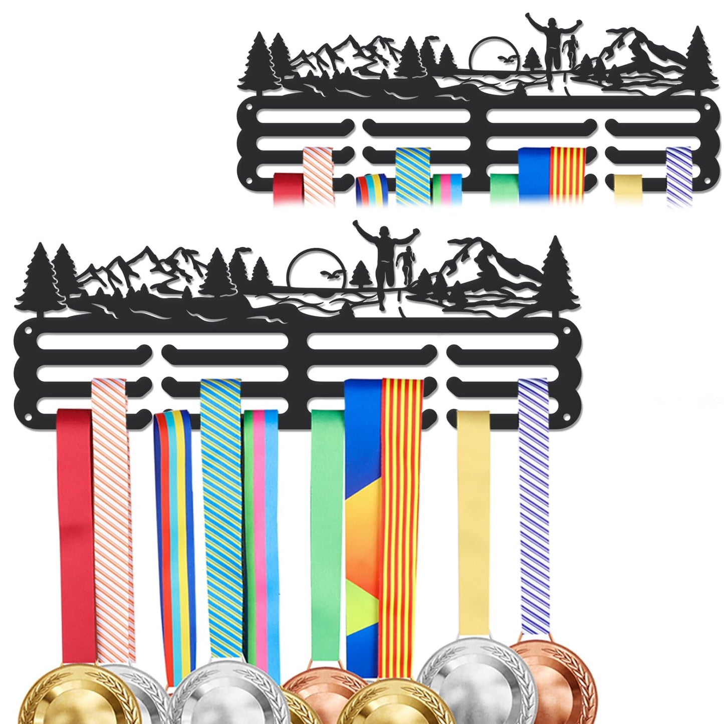 SUPERDANT 2PCS Running Medal Hanger Forest Run Medals Holder Personalised Award Black Metal Rack Wall Mount Sports Marathon Iron Holder Ribbon Display for Medal Hanging Gifts for Athlete Runners