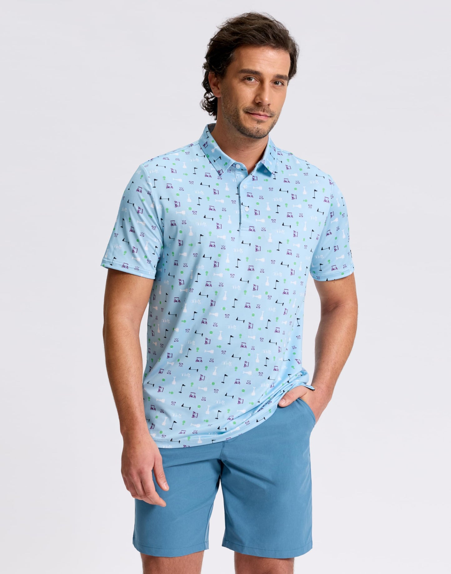 Obla Mens Golf Polo Shirts Short Sleeve Dry Fit Performance Moisture Wicking Casual Print Collared Golf Shirts for Men (Blue Golf Flag_S)