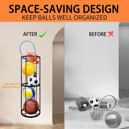 BEWITU Garage Ball Storage Rack, Wall-Mounted Basketball Holder, Vertical Ball Rack for Soccer Volleyball Football Basketball, Space-Saving Sports Ball Storage Organizer for Garage & Home