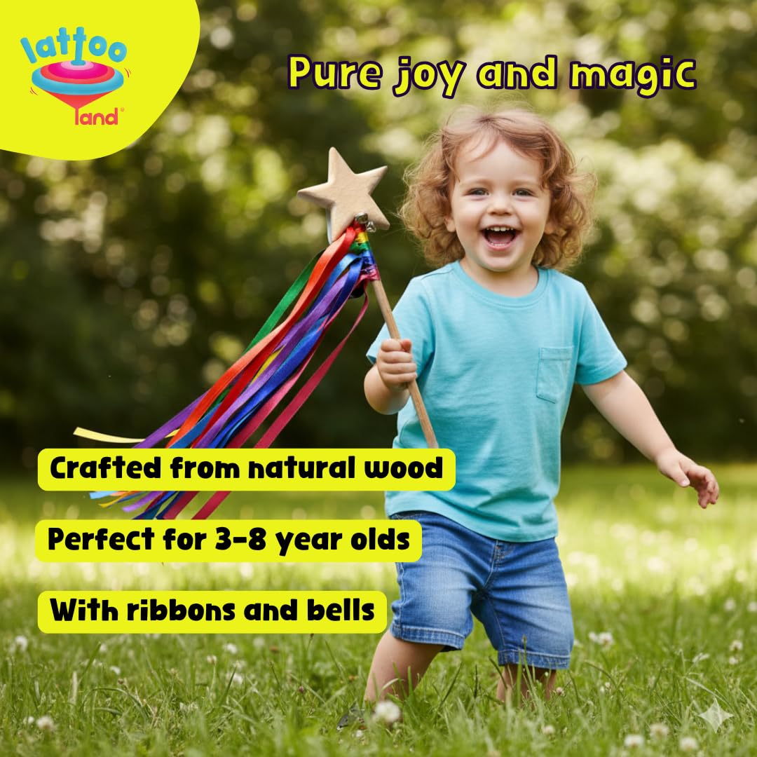 Lattooland Wooden Wand for Kids with Ribbons and Bells | Wizard Fairy Princess Wand Toy | Handcrafted Magic Wand for Pretend Play & Costumes | Sensory Educational Montessori| Eco-Friendly Gift