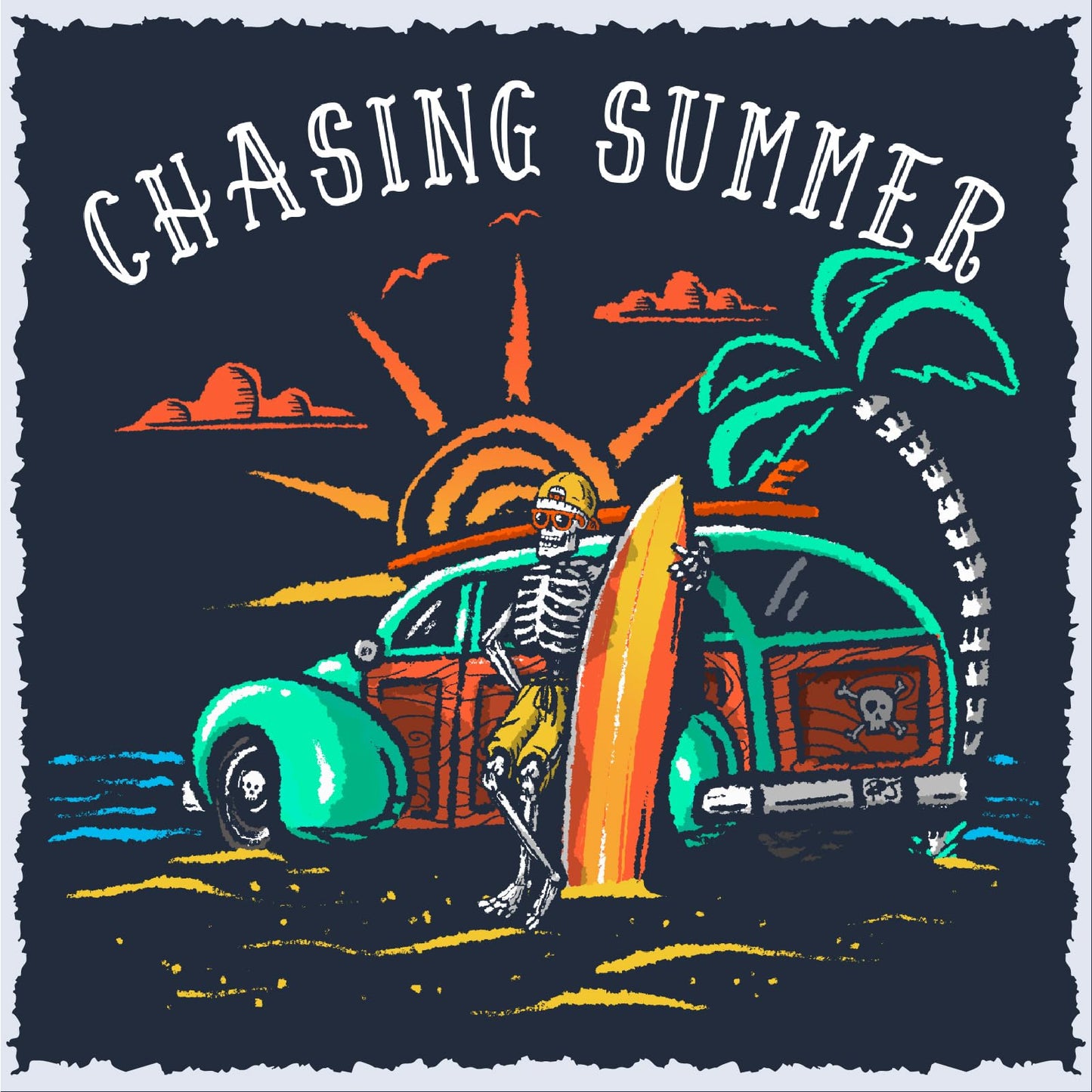 Salty Bones Chasing Summer Woody Car Sunset Surfer Beach Graphic T-Shirt, 100% Ringspun Cotton, Classic Fit, Printed in USA (US, Alpha, X-Large, Regular, Regular, Navy)