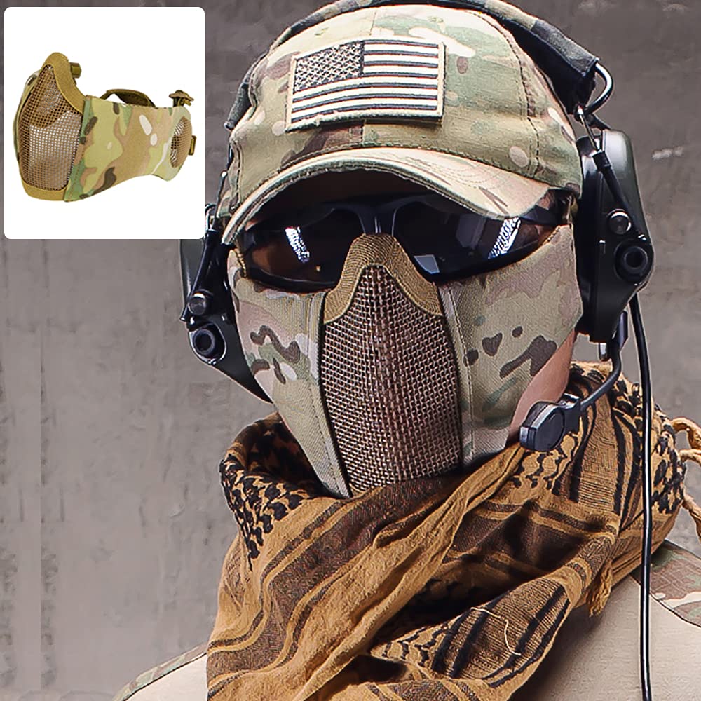 AOUTACC Airsoft Mesh Mask, Half Face Mesh Masks with Ear Protection for CS/Hunting/Paintball/Shooting (Mesh Ear, MC09)