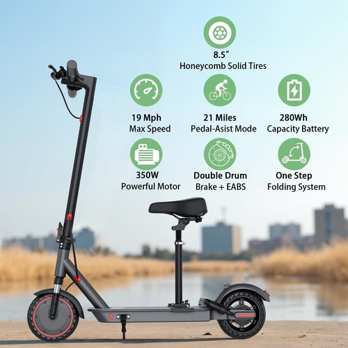 Electric Scooter for Adults Commute,Foldable with Detachable Seat&Phone Holder 21 Miles Range Top Speed 19MPH 8.5''Tires 350W Motor Dual Brake and Suspension Max Load 264LBS App Control for Teens