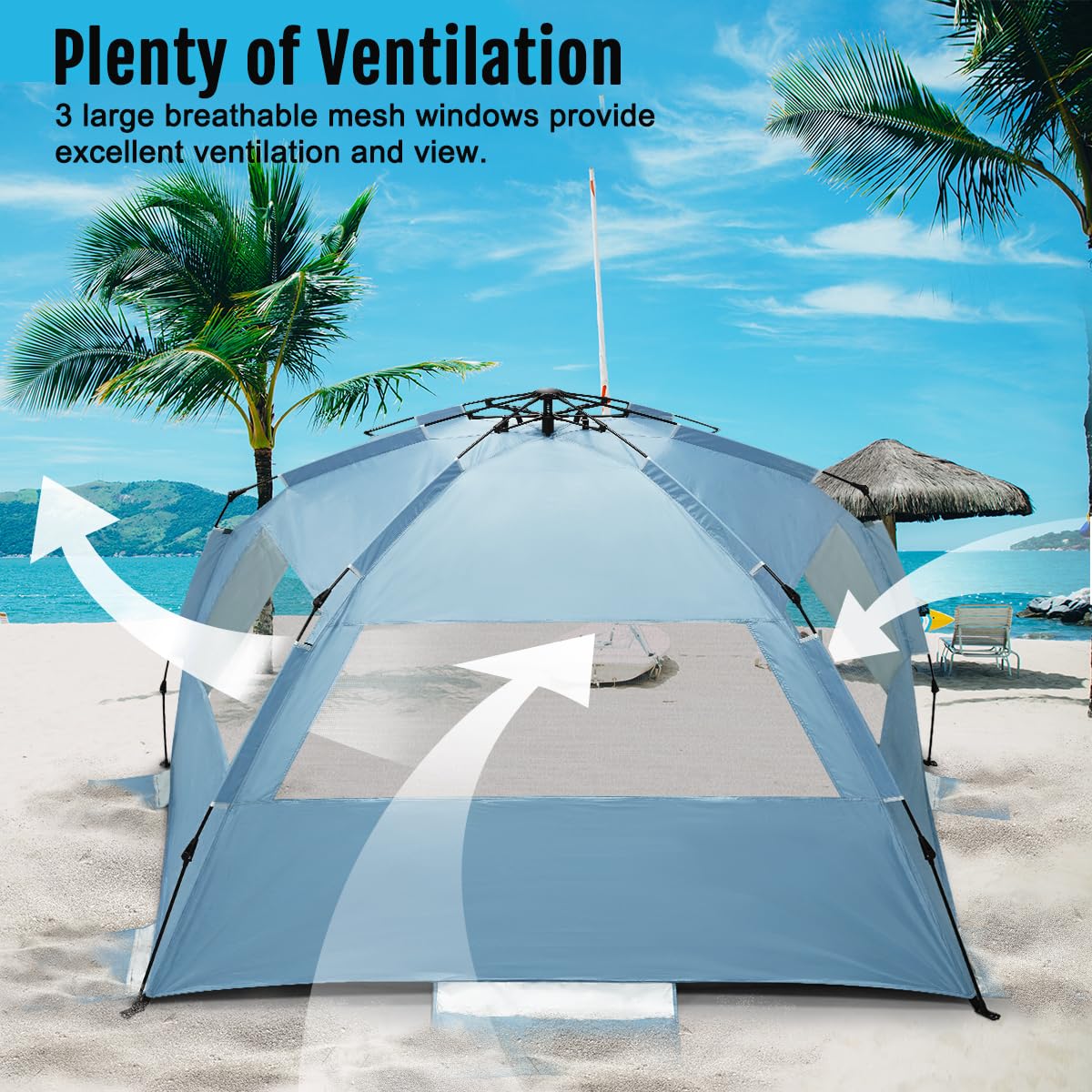 WhiteFang Deluxe XL Pop Up Beach Tent Sun Shade Shelter for 3-4 Person, UV Protection, Extendable Floor with 3 Ventilating Windows Plus Carrying Bag, Stakes, and Guy Lines (Light Blue)
