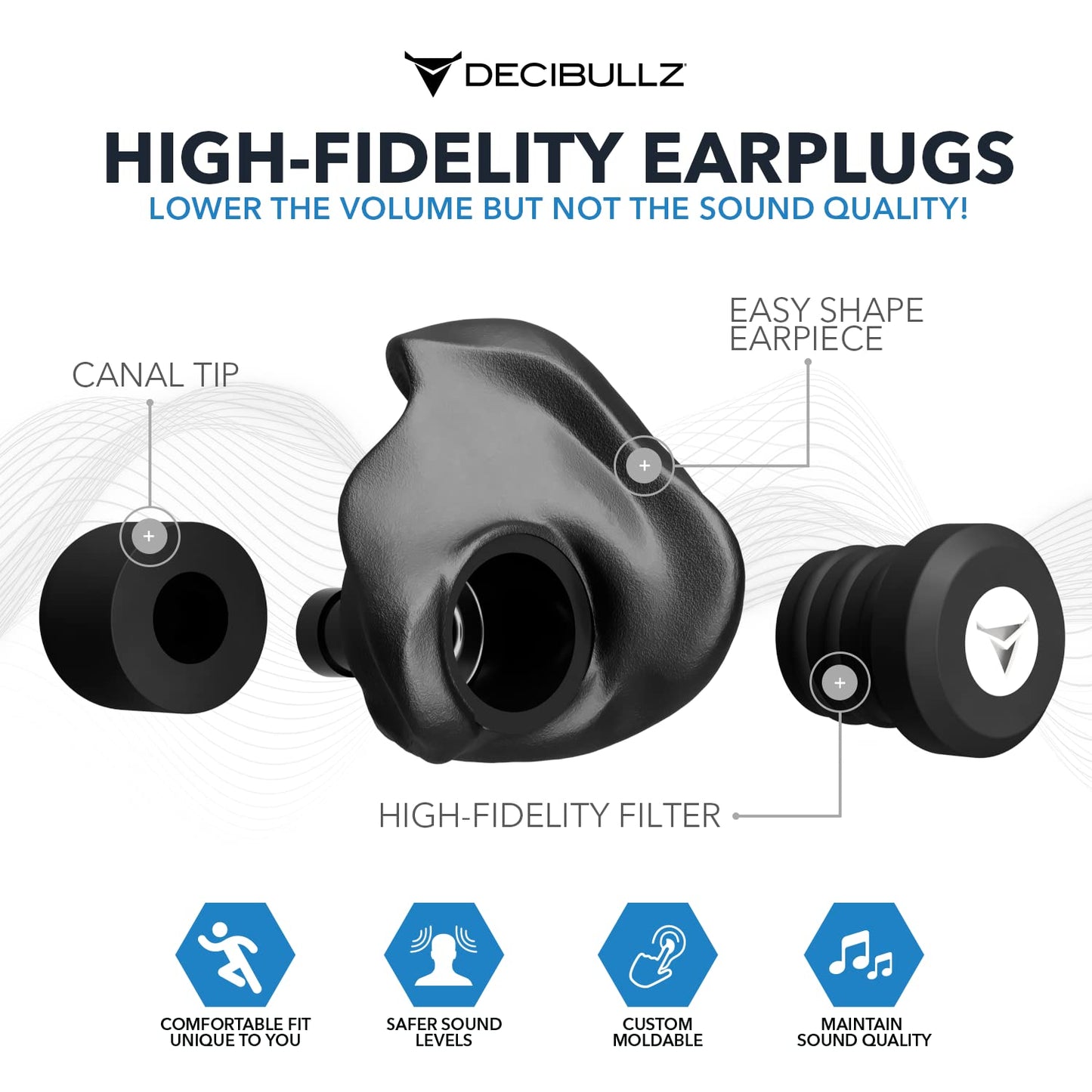 Decibullz Moldable Ear Plugs for Concerts, High Fidelity Hearing Protection for Noise Reduction & Sensitivity, Noise Cancelling Earplugs Perfect for Musicians, Recording Artists, Festivals