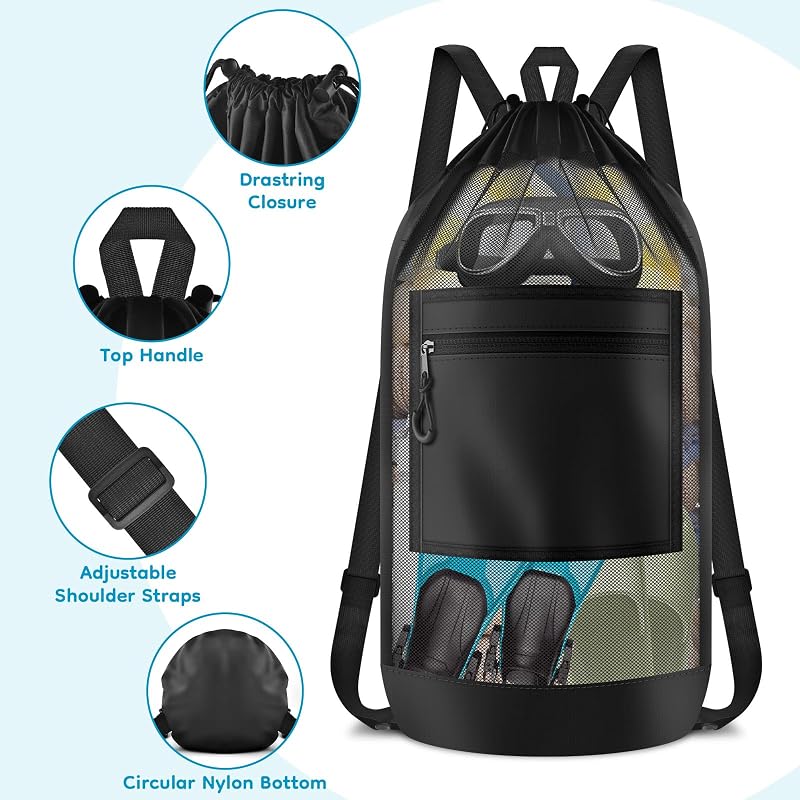 Drawstring Mesh Backpack with Pocket – Gym & Beach Bag, Black - 1pc