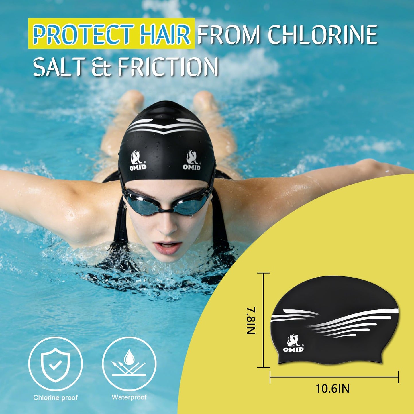 OMID Waterproof Swim Cap for Women with Long Hair - Chemical Resistant Silicone Swimming Cap, UV Protection for Pool Beach, Fits Dreadlocks and Thick Hair (Black)