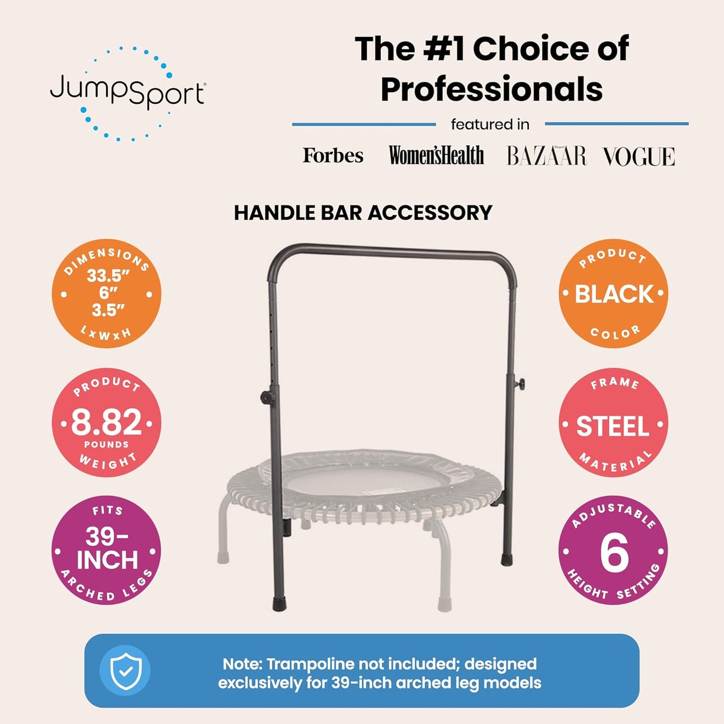 JumpSport Handle Bar Accessory for Arched Leg Fitness Trampolines | Black | Adjustable Height Settings | Trampoline Not Included