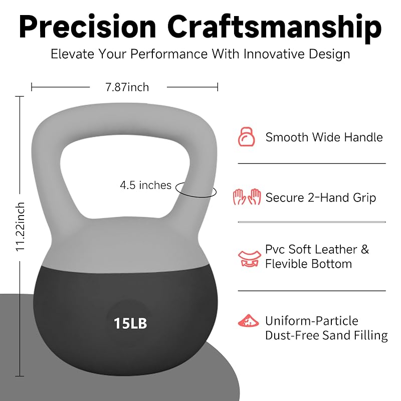 Black 15lb Soft Kettlebell - Cushioned Base, Extra-Wide Handle for Home Fitness
