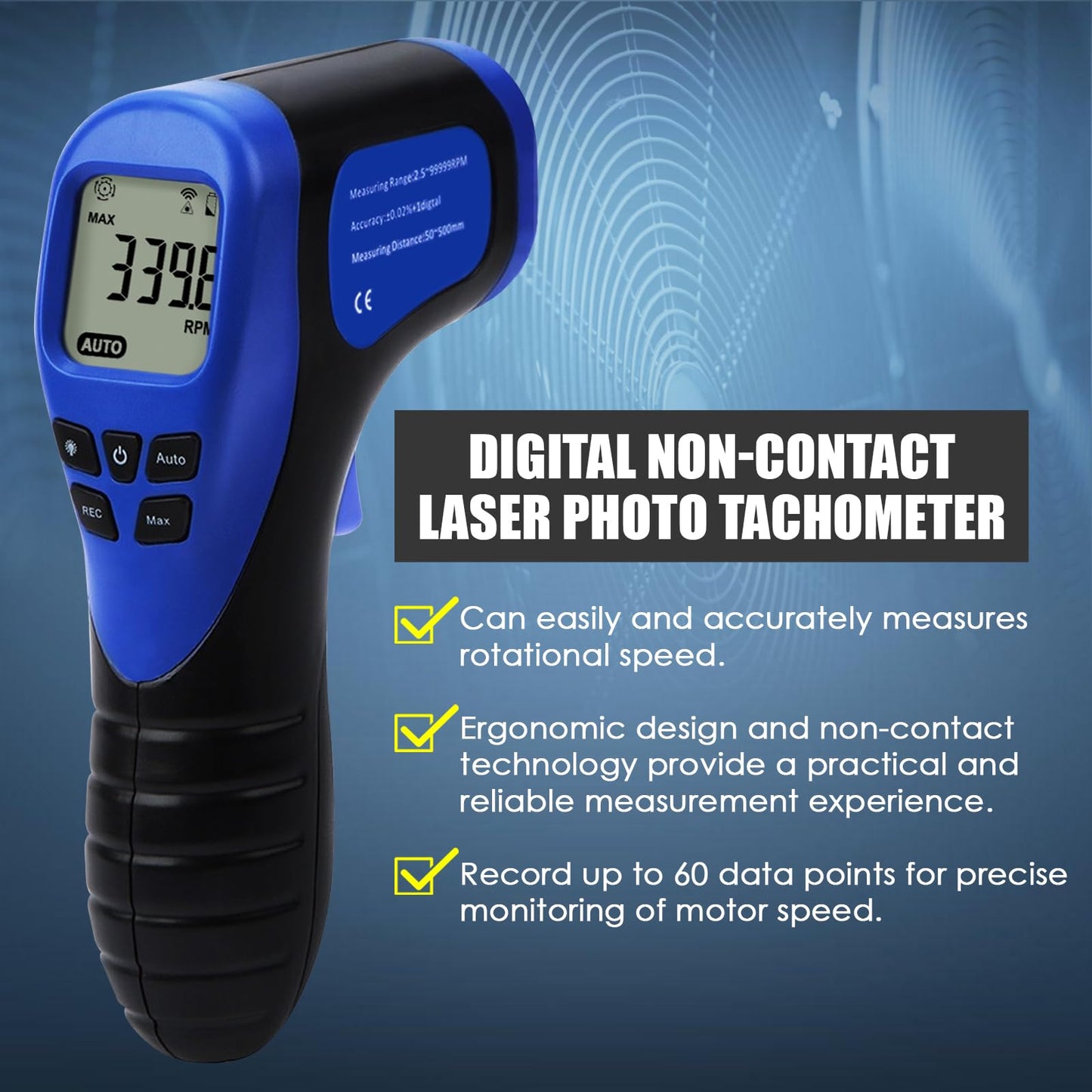 Laser Photo Tachometer Motor Speed Gauge Tester Non-Contact RPM Meter Motor Speed Gauge Gun - Accurate RPM Measurement with Rotational Record (Digital Tachometer)