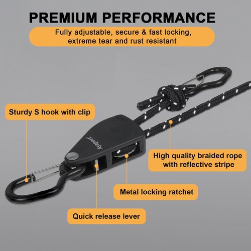 Ayaport Rope Tie Down Ratchet Kayak Straps with Safety Lock S Hook 1/4" x 14' Heavy Duty Pulley Rope Hanger Tarp Tent Tie Downs