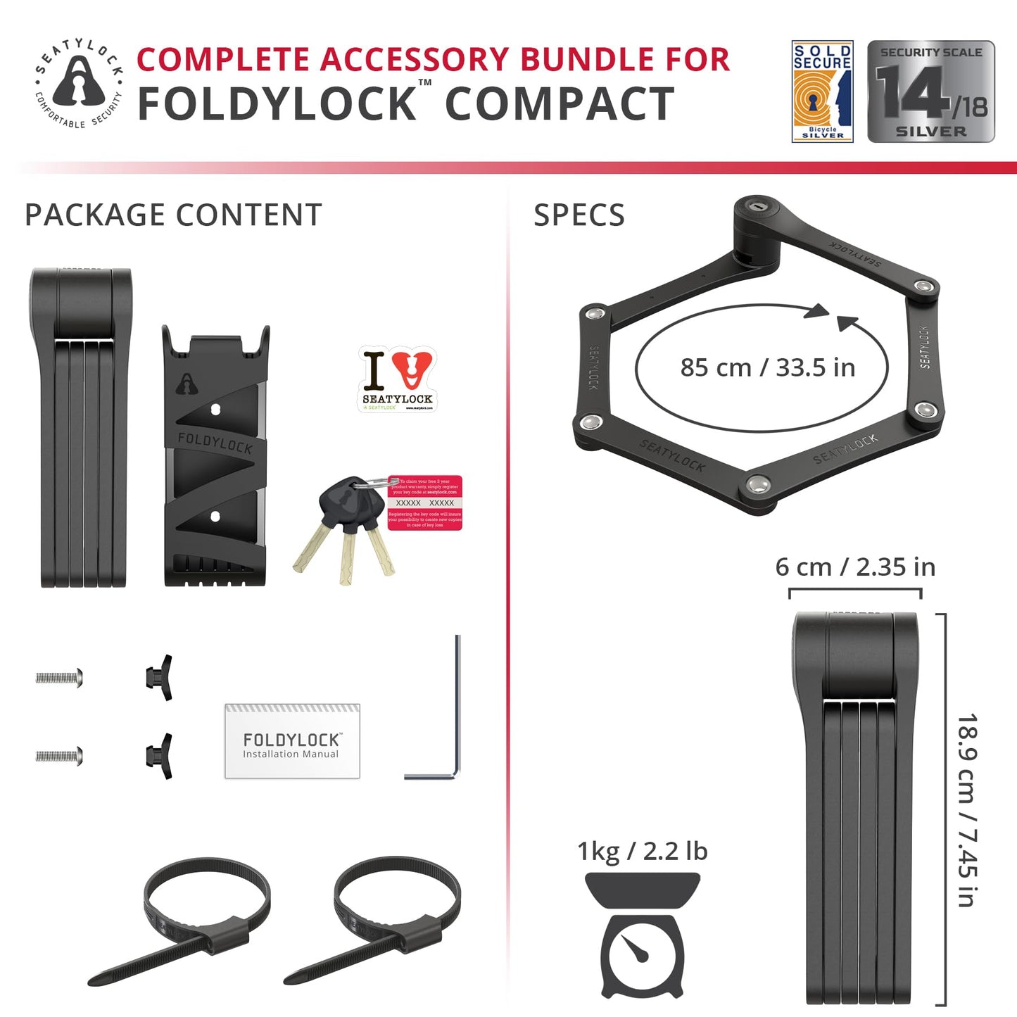 Seatylock FoldyLock Compact Folding Bike Lock - Award Winning Patented Lightweight High Security Bicycle Lock - Heavy Duty Anti Theft Smart Secure Guard with Keys & Case for Bikes or Scooters