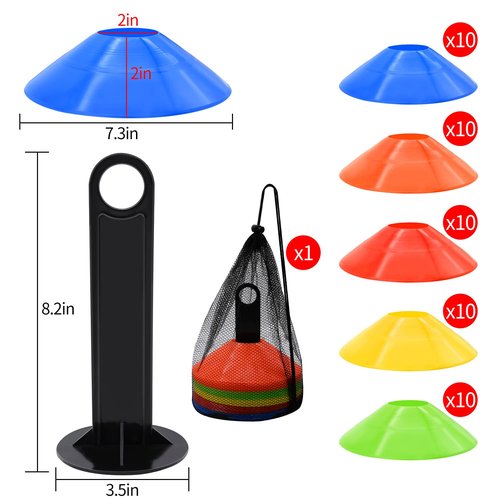 RUBY.Q 50/100/200pcs Disc Cones, Soccer Cones, Basketball Cones with Carry Bag and Holder, Football, Soccer, Basketball Training Equipment, 5 Color