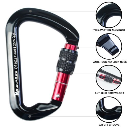 SEPEAK UIAA CE 30kN Locking Climbing Carabiner, Professional Heavy Duty Screwgate Clip for Outdoor Climbing, Mountaineering, Rappelling, Camping, Hiking, Swing, Large D Carabiner Hook/6744lb,2pc,Black