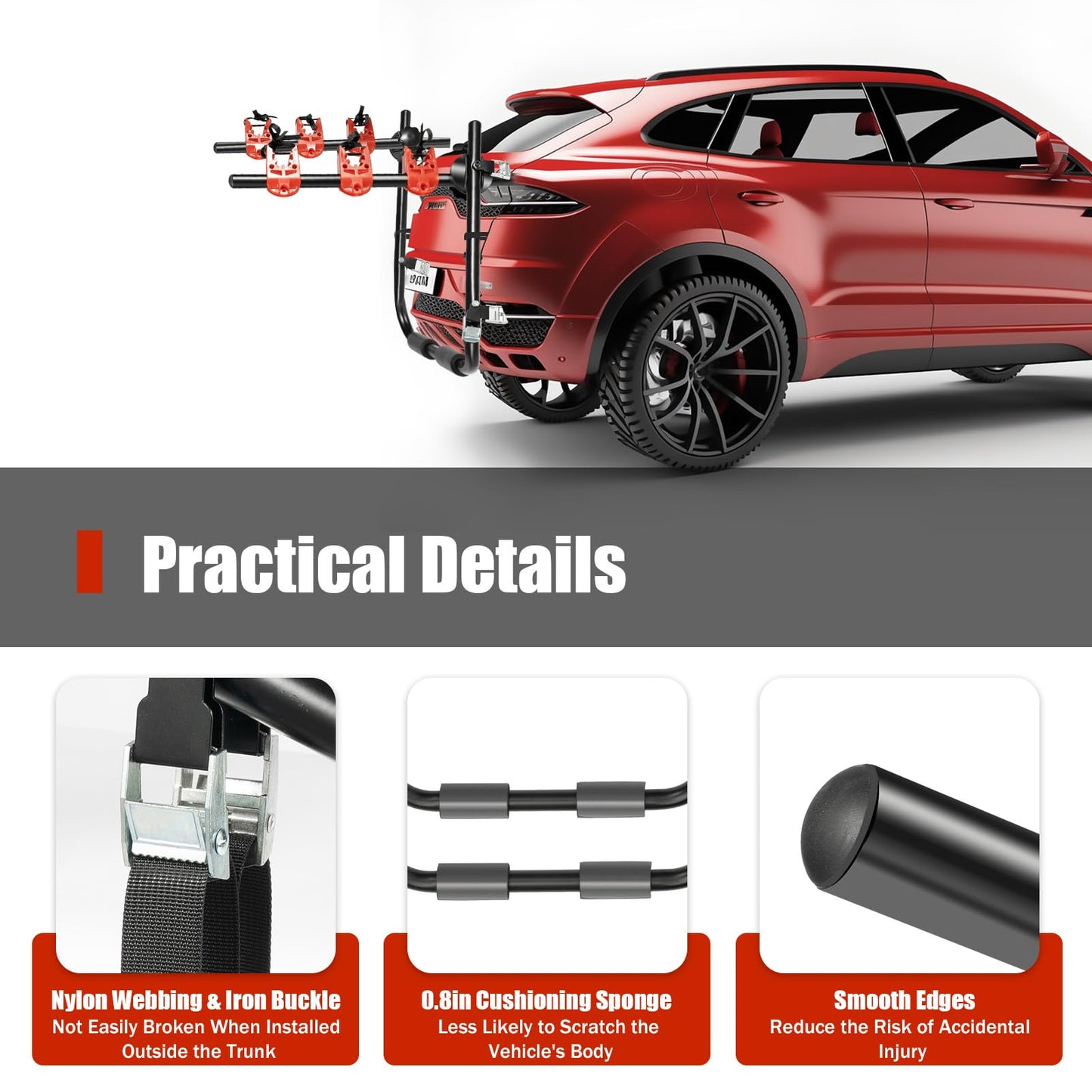 IOUSSJC Car Trunk Bicycle Rack Carrier, Steel 3-Bike Rack Trunk Mount, Bike Rack for Car Fits Most Hatchbacks, Sedans, SUV and Vans, Anti-Sway Straps, Foldable Design
