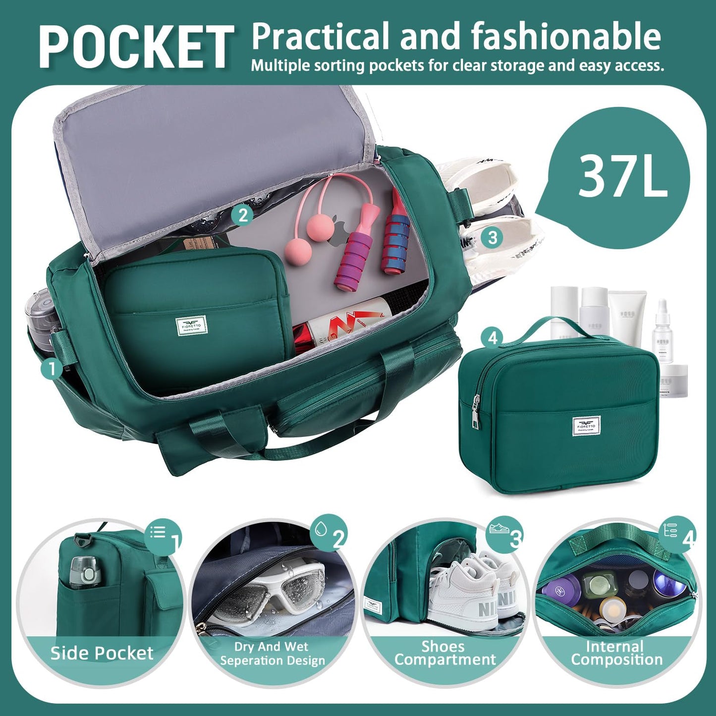 FIORETTO Women's Gym Duffle Bag with Shoes Compartment, 30L Capacity, Ideal for Travel, Gym, Sports, Duffel, Weekender, with Toiletry Bag, Turquoise