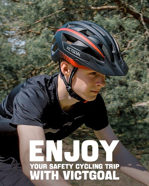 VICTGOAL Bike Helmet with USB Rechargeable Rear Light Detachable Magnetic Goggles Removable Sun Visor Mountain & Road Bicycle Helmets for Men Women Adult Cycling Helmets (L: 57-61 cm, Black Red)
