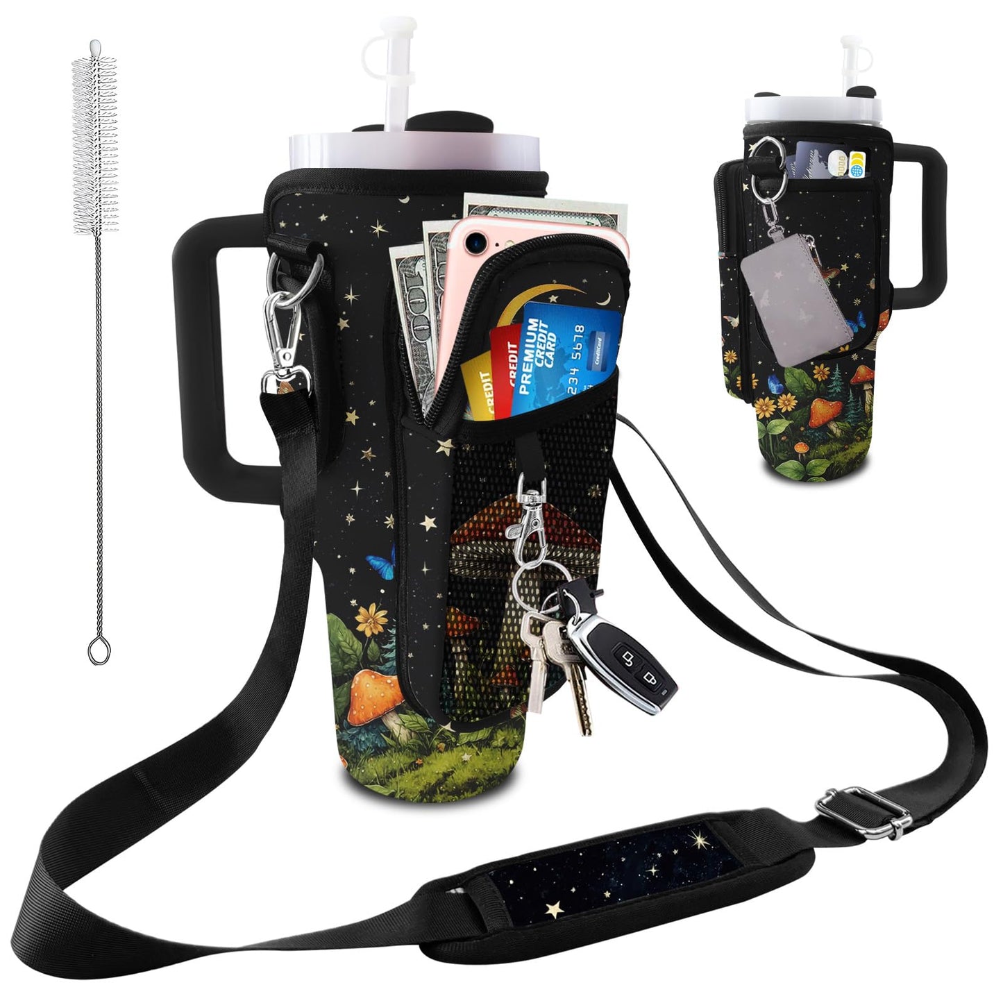 LAOTANGJIA Stanley Cup Carrier 40oz Tumbler with Water Bottle Holder Carrier Bag and Phone with 2 Adjustable Strap Bottle Holder Stanley Cup Accessories for Hiking Travelling Camping,Mushroom