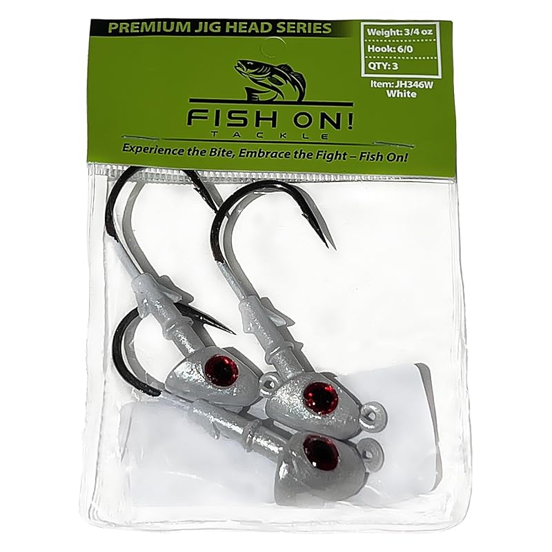 Jig Heads with Black Nickel Hook - 3/4 oz White 3 Pack, 6/0, Double Locking Bait Stays, 3D Eyes