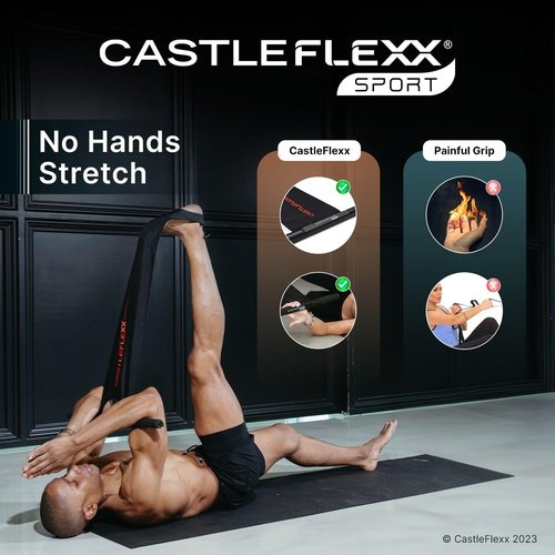 CastleFlexx Mobility and Full Body Strengthening Device | Non-Elastic Stretch Strap with Natural Premium Cork Handles for Stretching, Exercise, Physical Therapy, and Yoga | Height up to 5’9” Black/Red