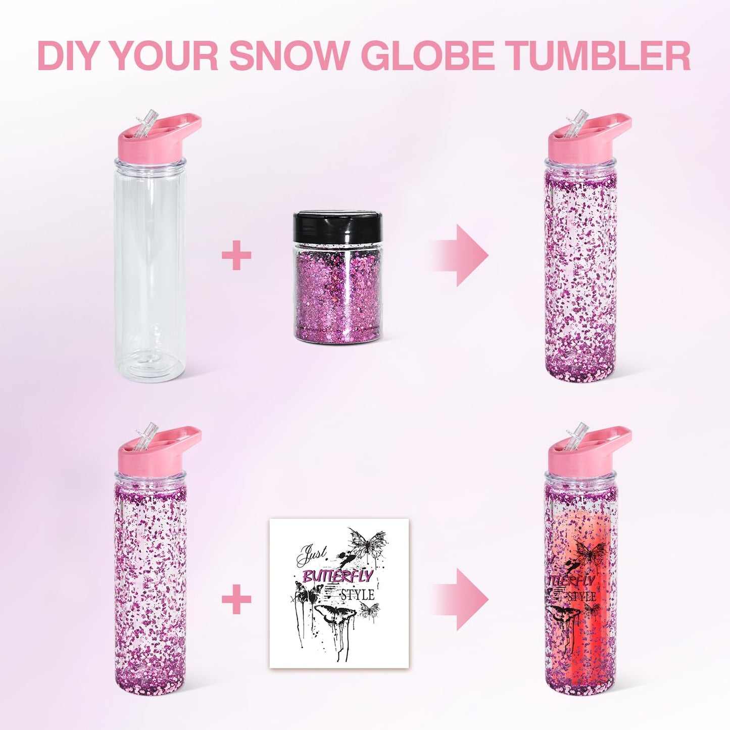 18oz 4 Pack Double Wall Clear Water Bottle Bulk Plastic Snow Globe Tumbler with Handle Lid, Acrylic Pre-Drilled Hole with Stopper Sippy Snow Globe Kid Water Bottle for Scool Sport DIY Gift