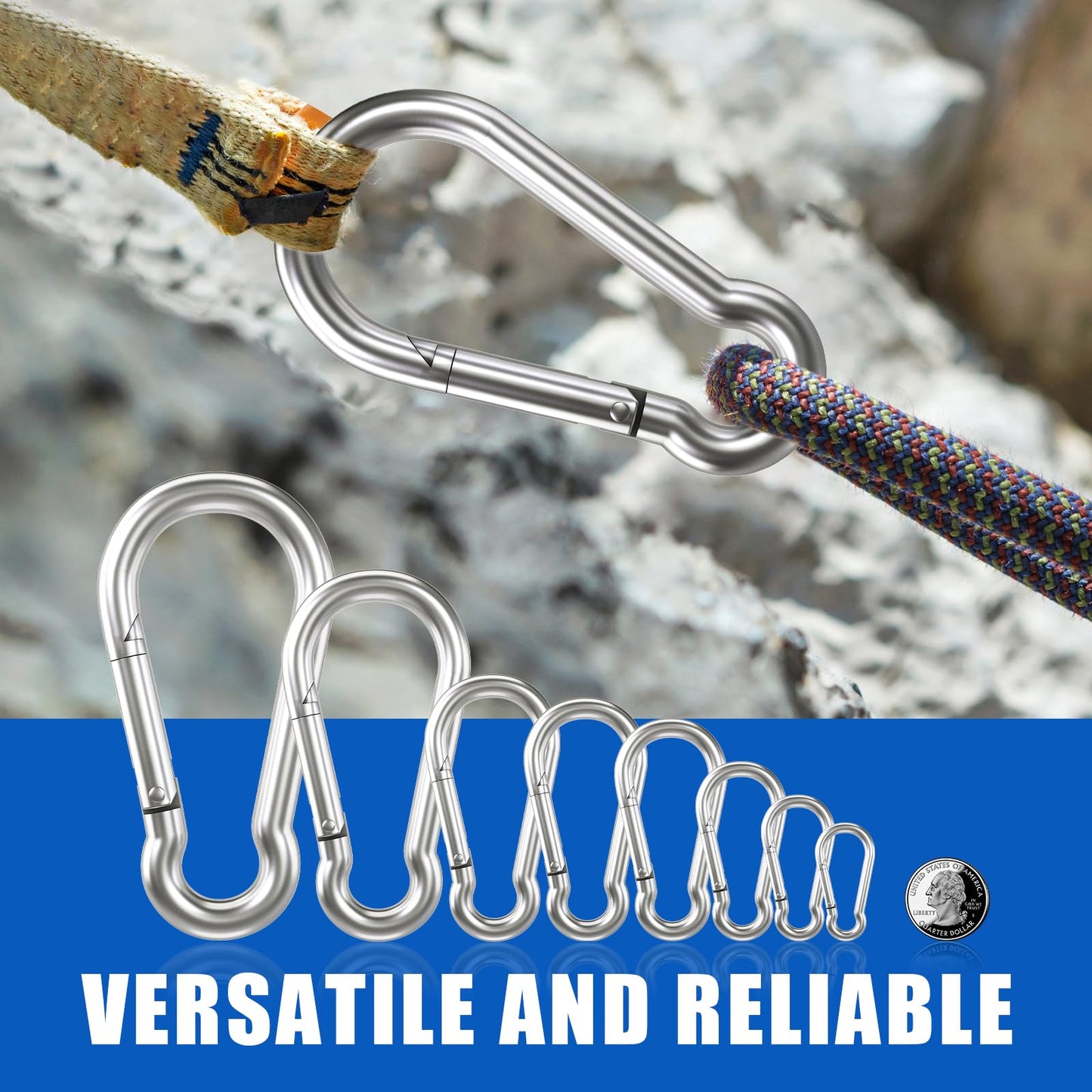 Carabiner Clip Hooks, 15pcs 3.15 inch Carabiners Heavy Duty, 304 Stainless Steel Spring Snap Hook Fits Camping Hiking, Metal Clips for Rope Chain Keys Rings
