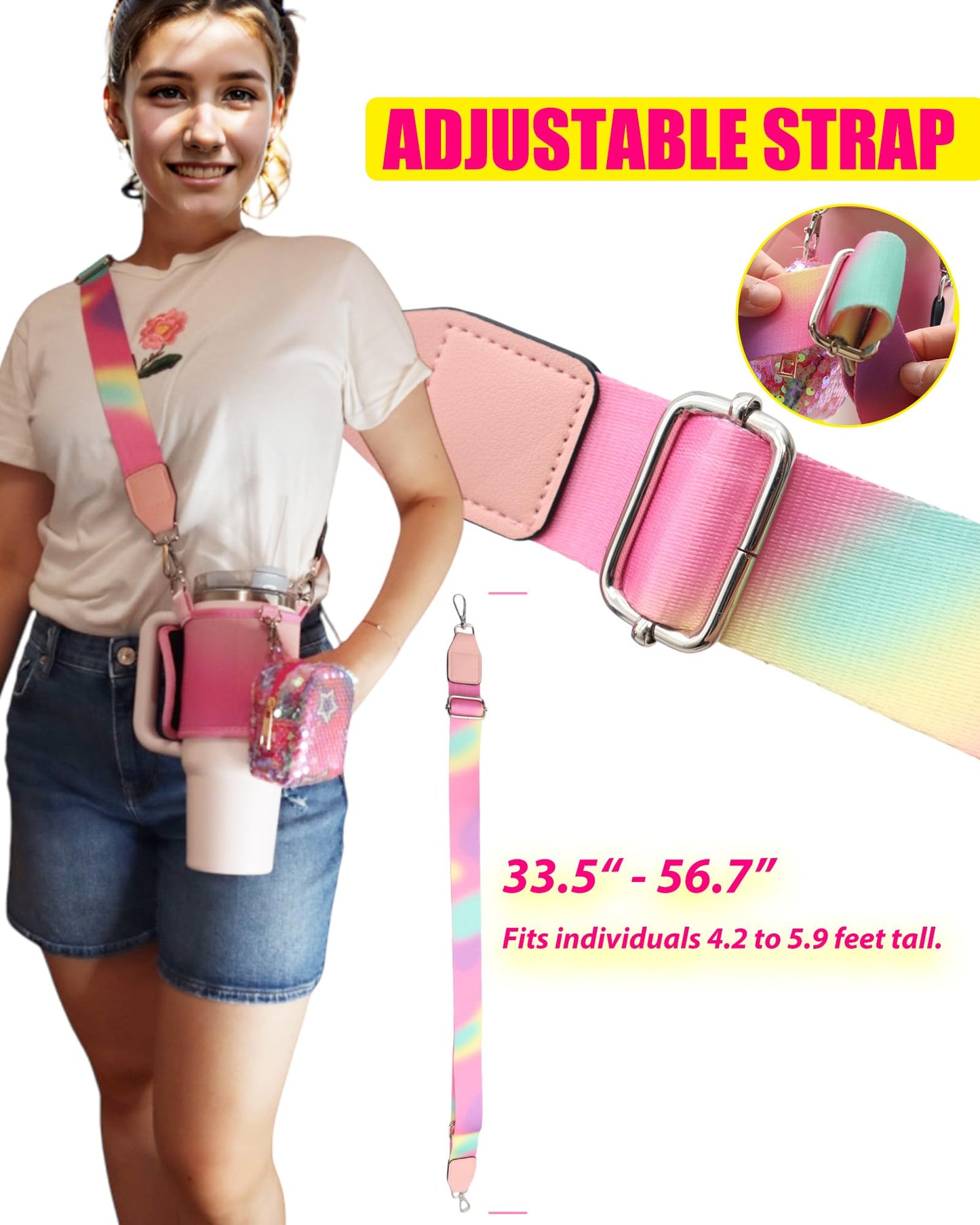 TOVICE Stanley Cup Holder with Strap, Crossbody Strap for Stanley 40oz & 30oz /Hydroflask/Simple Modern, Glitter Sequin Coin Purse, Pink Stanley Cup Accessories, Fits Most 32-40oz Bottles