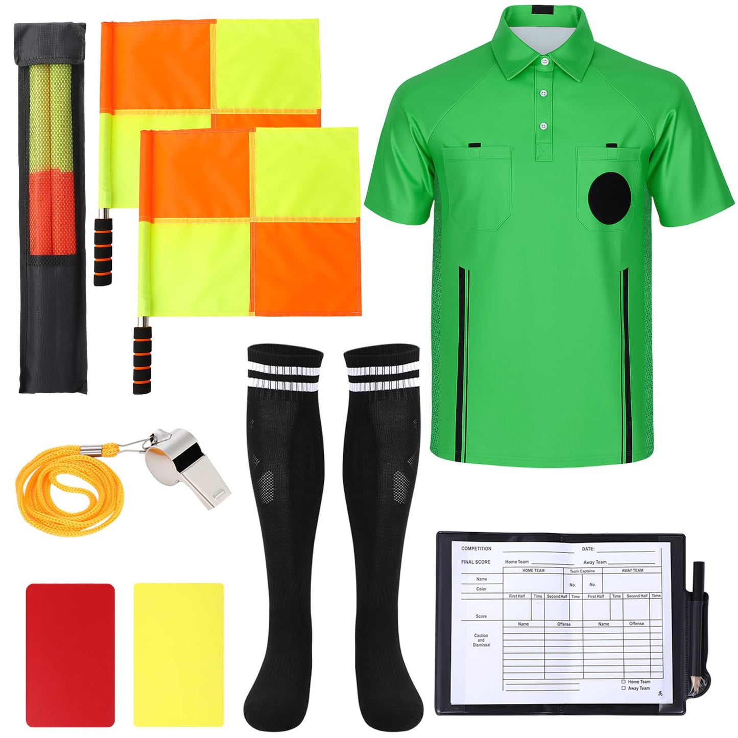 ZhouBoat Soccer Referee Kit, 6 Pcs Soccer Referee Shirt Jersey Umpire Uniform Football Linesman Flags Whistle Soccer Socks Referee Notebook Soccer Referee Costume for Adult Teenager, Green Small